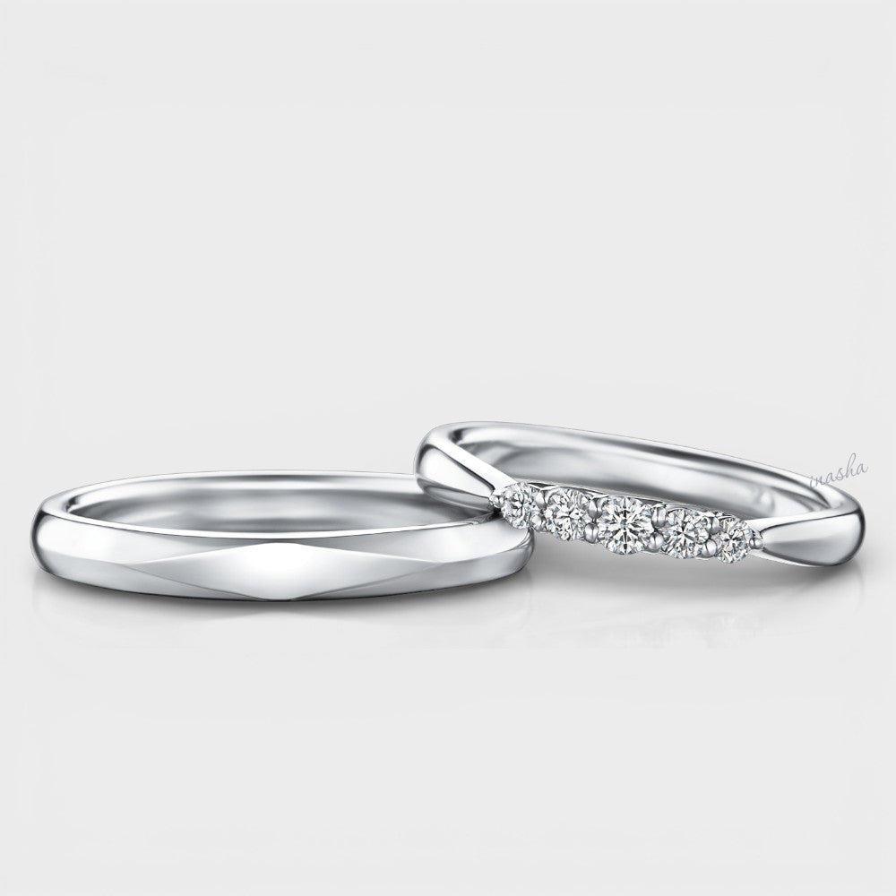 Certified GLI white gold and platinum lab grown diamond couple ring set with women’s diamond band and men’s plain band